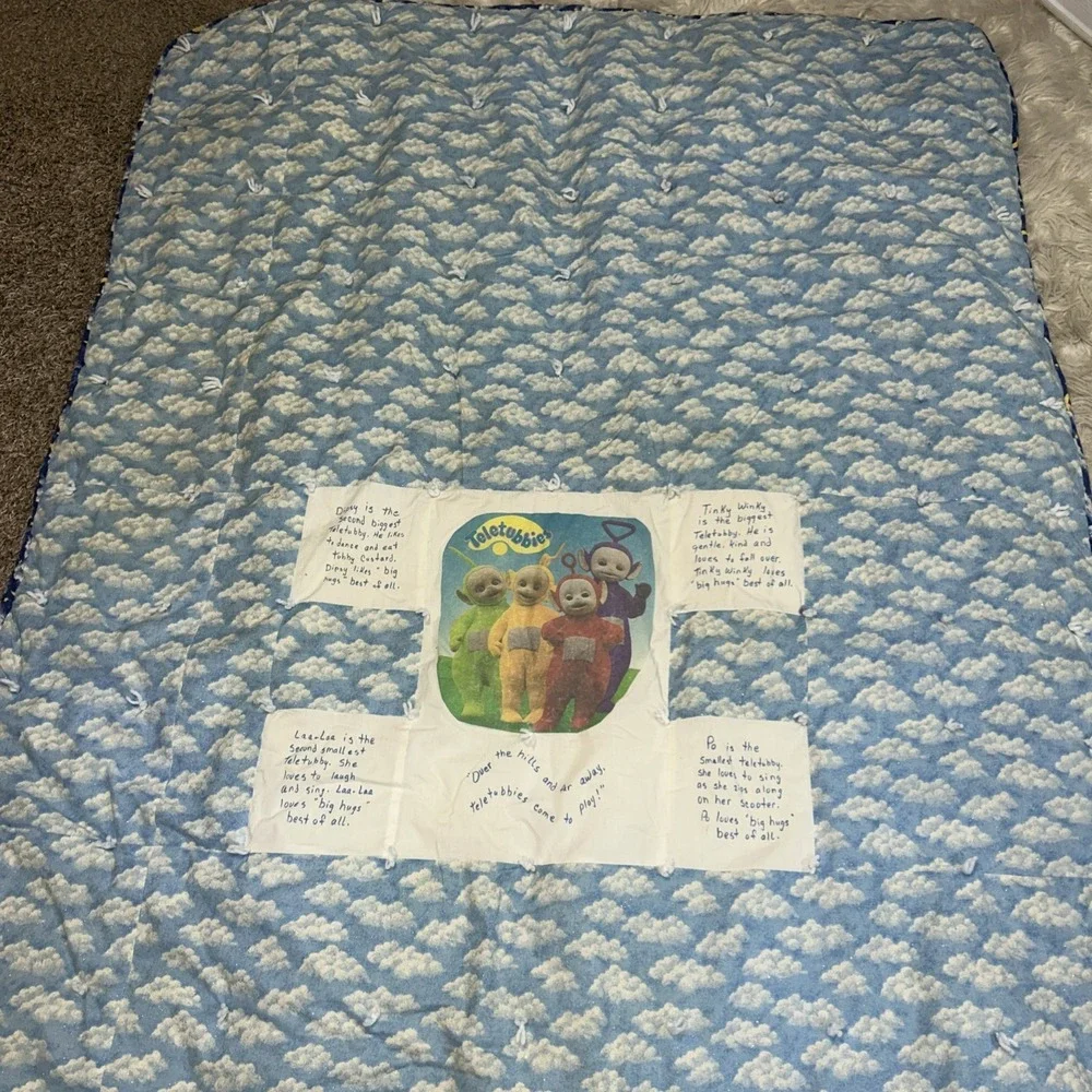 Vintage Teletubbies Handmade Quilt‎ Blue White Clouds Celestial 49x86 Baby Kids